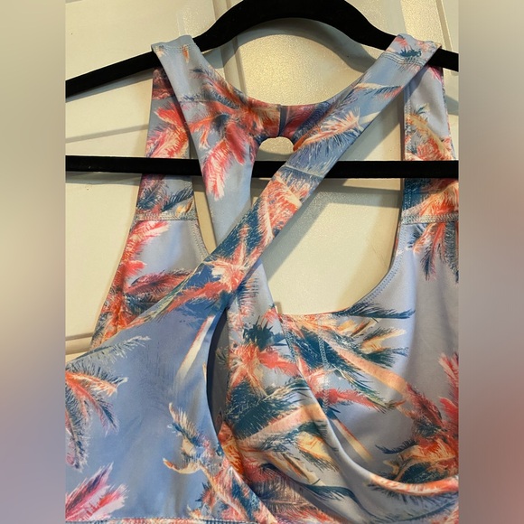 Brisas Womens Sports Bra Sz Large Tropical Palm Tree Blue Pink White Cross Back - Picture 3 of 4